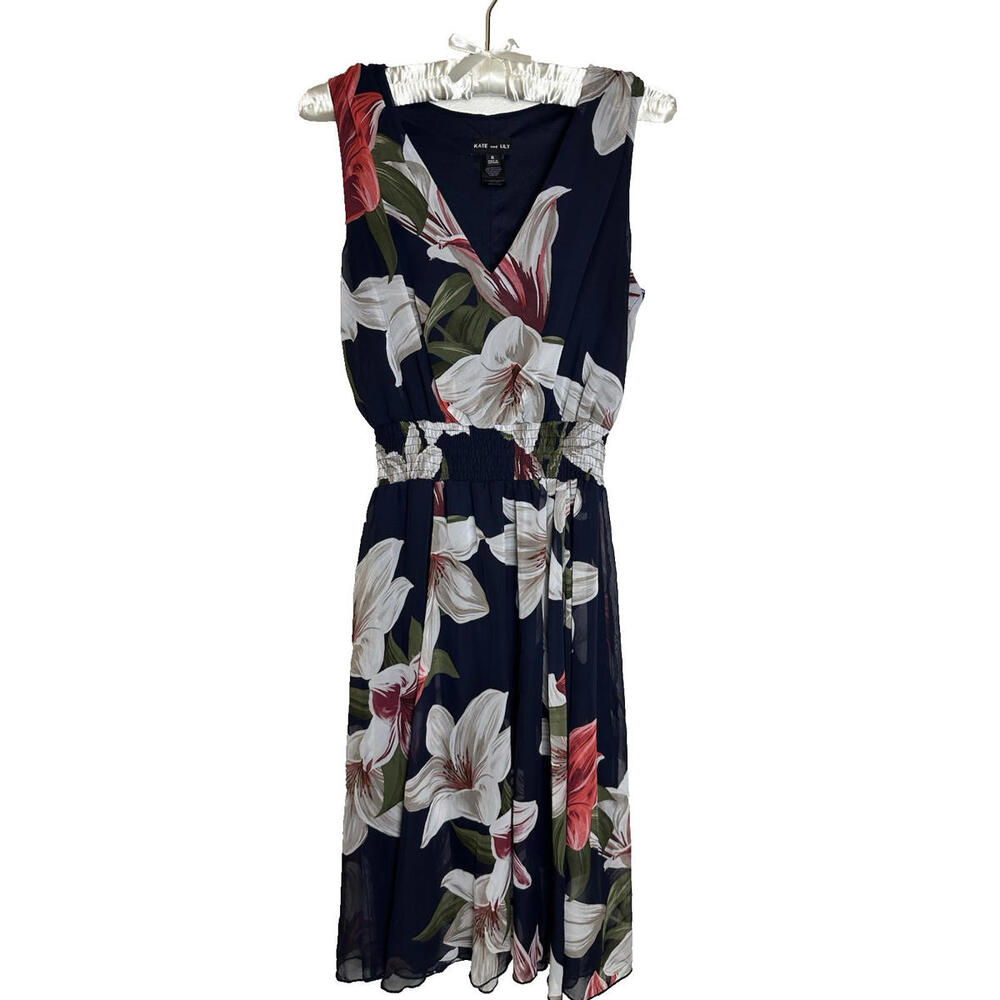 Kate and Lily Navy Floral Midi Dress, Smocked Waist Sheer Chiffon Layered Size 8